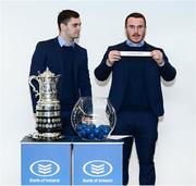 14 December 2019; Leinster's Peter Dooley draws out the name of Arklow RFC in the company of his Leinster team-mate Conor O'Brien during the Bank of Ireland Provincial Towns Cup first round draw at the Aviva Stadium in Dublin. Photo by Stephen McCarthy/Sportsfile
