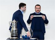14 December 2019; Leinster's Peter Dooley draws out the name of Athy RFC in the company of his Leinster team-mate Conor O'Brien during the Bank of Ireland Provincial Towns Cup first round draw at the Aviva Stadium in Dublin. Photo by Stephen McCarthy/Sportsfile