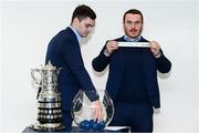 14 December 2019; Leinster's Peter Dooley draws out the name of Enniscorthy RFC in the company of his Leinster team-mate Conor O'Brien during the Bank of Ireland Provincial Towns Cup first round draw at the Aviva Stadium in Dublin. Photo by Stephen McCarthy/Sportsfile