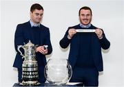 14 December 2019; Leinster's Peter Dooley draws out the name of Co Carlow FC in the company of his Leinster team-mate Conor O'Brien during the Bank of Ireland Provincial Towns Cup first round draw at the Aviva Stadium in Dublin. Photo by Stephen McCarthy/Sportsfile