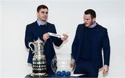 14 December 2019; Leinster's Conor O'Brien draws out the name of Longford RFC in the company of his Leinster team-mate Peter Dooley during the Bank of Ireland Provincial Towns Cup first round draw at the Aviva Stadium in Dublin. Photo by Stephen McCarthy/Sportsfile