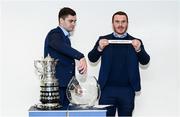 14 December 2019; Leinster's Peter Dooley draws out the name of Co Carlow FC in the company of his Leinster team-mate Conor O'Brien during the Bank of Ireland Provincial Towns Cup first round draw at the Aviva Stadium in Dublin. Photo by Stephen McCarthy/Sportsfile