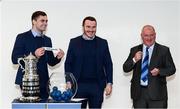 14 December 2019; Leinster's Conor O'Brien draws out the name of Balbriggan RFC in the company of his Leinster team-mate Conor O'Brien and Dermot O'Mahony, Leinster Rugby Domestic Games Club Administrator, during the Bank of Ireland Provincial Towns Cup first round draw at the Aviva Stadium in Dublin. Photo by Stephen McCarthy/Sportsfile