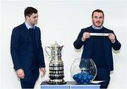 14 December 2019; Leinster's Peter Dooley draws out the name of Edenderry RFC in the company of his Leinster team-mate Conor O'Brien during the Bank of Ireland Provincial Towns Cup first round draw at the Aviva Stadium in Dublin. Photo by Stephen McCarthy/Sportsfile