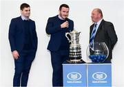 14 December 2019; Leinster's Conor O'Brien, left, and Peter Dooley are interviewed by Dermot O'Mahony, Leinster Rugby Domestic Games Club Administrator, prior to the Bank of Ireland Provincial Towns Cup first round draw at the Aviva Stadium in Dublin. Photo by Stephen McCarthy/Sportsfile