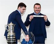 14 December 2019; Leinster's Peter Dooley draws out the name of Roscrea RFC in the company of his Leinster team-mate Conor O'Brien during the Bank of Ireland Provincial Towns Cup first round draw at the Aviva Stadium in Dublin. Photo by Stephen McCarthy/Sportsfile