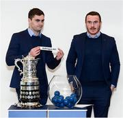 14 December 2019; Leinster's Conor O'Brien draws out the name of Balbriggan RFC in the company of his Leinster team-mate Conor O'Brien during the Bank of Ireland Provincial Towns Cup first round draw at the Aviva Stadium in Dublin. Photo by Stephen McCarthy/Sportsfile