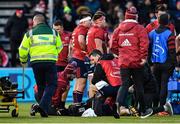 14 December 2019; Munster Head of Medical Dr Jamie Kearns, left, and lead physiotherapist Damien Mordan, right, treat Tadhg Beirne of Munster following an injury sustained in a tackle from Vincent Koch of Saracens during the Heineken Champions Cup Pool 4 Round 4 match between Saracens and Munster at Allianz Park in Barnet, England. Photo by Seb Daly/Sportsfile