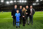 14 December 2019; Mascot 10 year old Jamie Winston, from Greystones, Co. Wicklow, with Leinster players Dan Leavy and Jonathan Sexton at the Heineken Champions Cup Pool 1 Round 4 match between Leinster and Northampton Saints at the Aviva Stadium in Dublin. Photo by Ramsey Cardy/Sportsfile