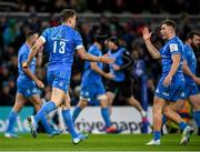 14 December 2019; Jordan Larmour, right, congratulates Leinster team-mate Garry Ringrose on scoring a try during the Heineken Champions Cup Pool 1 Round 4 match between Leinster and Northampton Saints at the Aviva Stadium in Dublin. Photo by Ramsey Cardy/Sportsfile