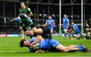 14 December 2019; James Lowe of Leinster scores his side's fifth try despite the tackle of Dan Biggar of Northampton Saints during the Heineken Champions Cup Pool 1 Round 4 match between Leinster and Northampton Saints at the Aviva Stadium in Dublin. Photo by Ramsey Cardy/Sportsfile