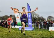 15 December 2019; Myles Hewlett of United Striders A.C., Co. Wexford, celebrates on his way to winning the U15 Boy's 3500m during the Irish Life Health Novice & Juvenile Uneven XC at Cow Park in Dunboyne, Co. Meath. Photo by Harry Murphy/Sportsfile