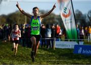 15 December 2019; Scott Fagan of Metro/St. Brigid's A.C., Co. Dublin, celebrates on his way to winning the U17 Boys 5000m during the Irish Life Health Novice & Juvenile Uneven XC at Cow Park in Dunboyne, Co. Meath. Photo by Harry Murphy/Sportsfile