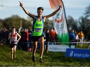 15 December 2019; Scott Fagan of Metro/St. Brigid's A.C., Co. Dublin, celebrates on his way to winning the U17 Boys 5000m during the Irish Life Health Novice & Juvenile Uneven XC at Cow Park in Dunboyne, Co. Meath. Photo by Harry Murphy/Sportsfile