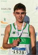 15 December 2019; Adam Condon of Raheny Shamrock A.C., Co. Dublin, with his medal from the U17 Boys 5000m during the Irish Life Health Novice & Juvenile Uneven XC at Cow Park in Dunboyne, Co. Meath. Photo by Harry Murphy/Sportsfile