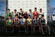 15 December 2019; Medalists with Georgina Drumm President of Athletics Ireland from the U17 Boys 5000m during the Irish Life Health Novice & Juvenile Uneven XC at Cow Park in Dunboyne, Co. Meath. Photo by Harry Murphy/Sportsfile