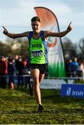 15 December 2019; Scott Fagan of Metro/St. Brigid's A.C., Co. Dublin, celebrates on his way to winning the U17 Boys 5000m during the Irish Life Health Novice & Juvenile Uneven XC at Cow Park in Dunboyne, Co. Meath. Photo by Harry Murphy/Sportsfile