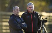 16 December 2019; Senior coach Stuart Lancaster, left, in conversation with Mayo football manager James Horan during Leinster Rugby squad training at UCD, Dublin. Photo by Ramsey Cardy/Sportsfile
