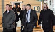 16 December 2019; Arriving for a meeting with Minister for Transport, Tourism and Sport Shane Ross T.D., and Minister of State for Tourism and Sport, Brendan Griffin T.D., at Dáil Éireann are, from left, FAI Director of Communications Cathal Dervan, FAI lead executive Paul Cooke and FAI board member Martin Heraghty. Photo by Seb Daly/Sportsfile