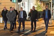 16 December 2019; Arriving for a meeting with Minister for Transport, Tourism and Sport Shane Ross T.D., and Minister of State for Tourism and Sport, Brendan Griffin T.D., at Dáil Éireann are, from second left, FAI Director of Communications Cathal Dervan, FAI lead executive Paul Cooke, FAI board member Martin Heraghty and FAI Board member John Finnegan. Photo by Seb Daly/Sportsfile