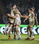 13 December 2019; John Cooney of Ulster celebrates with team-mates after scoring his second try during the Heineken Champions Cup Pool 3 Round 4 match between Harlequins and Ulster at Twickenham Stoop in London, England. Photo by John Dickson/Sportsfile