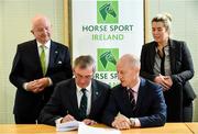 18 December 2019; In attendance during the announcement of Michael Blake as Horse Sport Ireland High-Performance Jumping Director, are from left, Joe Reynolds, Horse Sport Ireland Chairman, Michael Blake, Horse Sport Ireland High-Performance Jumping Director, Ronan Murphy, Horse Sport Ireland CEO, Avalon Everett, Horse Sport Ireland Head of Sport Legal and Governance, at Horse Sport Ireland in Naas, Co. Kildare. Photo by Sam Barnes/Sportsfile
