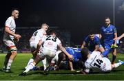 20 December 2019; Fergus McFadden of Leinster dives over to score his side's fifth try during the Guinness PRO14 Round 8 match between Leinster and Ulster at the RDS Arena in Dublin. Photo by Ramsey Cardy/Sportsfile
