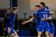 20 December 2019; Cian Kelleher of Leinster celebrates with team-mate Tommy O'Brien and Rob Kearney after scoring his side's seventh try during the Guinness PRO14 Round 8 match between Leinster and Ulster at the RDS Arena in Dublin. Photo by Ramsey Cardy/Sportsfile