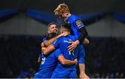 20 December 2019; Cian Kelleher of Leinster celebrates with team-mates Jamison Gibson-Park, Rob Kearney and Tommy O’Brien after scoring their side's seventh try during the Guinness PRO14 Round 8 match between Leinster and Ulster at the RDS Arena in Dublin. Photo by Brendan Moran/Sportsfile