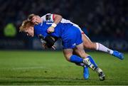 20 December 2019; Tommy O’Brien of Leinster is tackled by Stewart Moore of Ulster during the Guinness PRO14 Round 8 match between Leinster and Ulster at the RDS Arena in Dublin. Photo by Brendan Moran/Sportsfile