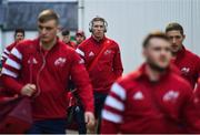 21 December 2019; Chris Farrell of Munster arrives alongside team-mates prior to the Guinness PRO14 Round 8 match between Connacht and Munster at The Sportsground in Galway. Photo by Seb Daly/Sportsfile
