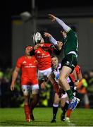 21 December 2019; Craig Casey of Munster and Conor Fitzgerald of Connacht challenge for a high ball during the Guinness PRO14 Round 8 match between Connacht and Munster at The Sportsground in Galway. Photo by Seb Daly/Sportsfile