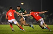 21 December 2019; Bundee Aki of Connacht in action against Dan Goggin, left, and Chris Farrell of Munster during the Guinness PRO14 Round 8 match between Connacht and Munster at The Sportsground in Galway. Photo by Seb Daly/Sportsfile