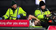 20 December 2019; Angus Curtis of Ulster leaves the pitch on a stretcher after sustaining a leg injury during the Guinness PRO14 Round 8 match between Leinster and Ulster at the RDS Arena in Dublin. Photo by Brendan Moran/Sportsfile