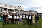 27 December 2019; Leading racehorse trainer Jim Bolger and Champion National Hunt jockey Davy Russell announce that their annual celebrity hurling match, Hurling for Cancer Research, has raised over €1m for the Irish Cancer Society’s cancer research in eight years. They were joined at Leopardstown Christmas Racing Festival by, from left, Ruby Walsh, Jim Bolger, Tony McCoy, Kevin Manning, Paul Nolan, Miriam O'Callaghan, Colm O'Rourke, Mark Mellett from the  Irish Cancer Society, Katie Walsh, former Wexford player Dave Bernie and RTE Sunday Game panellist, Cyril Farrell, to celebrate the milestone fundraising goal. Photo by Matt Browne/Sportsfile