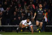 27 December 2019; Robert Baloucoune of Ulster dives over to score his side's third try during the Guinness PRO14 Round 9 match between Ulster and Connacht at the Kingspan Stadium in Belfast. Photo by Ramsey Cardy/Sportsfile
