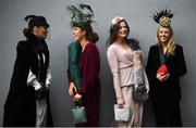 28 December 2019; Racegoers, from left, Linda Malone from Athboy, Co Meath, Naomh Rispin from Bohermeen, Co Meath, Aisling O'Malley from Whitehall, Co Dublin and Sinead May from Beaumont, Co Dublin during Day Three of the Leopardstown Christmas Festival 2019 at Leopardstown Racecourse in Dublin. Photo by David Fitzgerald/Sportsfile