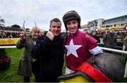 28 December 2019; Jockey Jack Kennedy celebrates with trainer Gordon Elliott after riding Delta Work to win the Savills Chase during Day Three of the Leopardstown Christmas Festival 2019 at Leopardstown Racecourse in Dublin. Photo by David Fitzgerald/Sportsfile