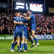 28 December 2019; Leinster players celebrate at the final whistle of the Guinness PRO14 Round 9 match between Munster and Leinster at Thomond Park in Limerick. Photo by Ramsey Cardy/Sportsfile