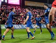 28 December 2019; James Lowe, left, Hugh O'Sullivan, centre, and Jimmy O'Brien of Leinster celebrate at the final whistle of the Guinness PRO14 Round 9 match between Munster and Leinster at Thomond Park in Limerick. Photo by Ramsey Cardy/Sportsfile