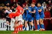 28 December 2019; Ciaran Frawley of Leinster celebrates at the final whistle after the Guinness PRO14 Round 9 match between Munster and Leinster at Thomond Park in Limerick. Photo by Diarmuid Greene/Sportsfile