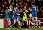 28 December 2019; Leinster players Jimmy O'Brien, Hugh O'Sullivan, James Lowe and Hugo Keenan celebrate after the Guinness PRO14 Round 9 match between Munster and Leinster at Thomond Park in Limerick. Photo by Diarmuid Greene/Sportsfile