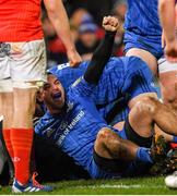28 December 2019; James Lowe of Leinster celebrates a try during the Guinness PRO14 Round 9 match between Munster and Leinster at Thomond Park in Limerick. Photo by Ramsey Cardy/Sportsfile