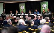 29 December 2019; The FAI board, from left, Richard Shakespeare, David Moran, Joseph O'Brien, President Donal Conway, lead executive Paul Cooke, John Finnegan, Ursula Scully, Martin Heraghty, during the FAI Annual General Meeting at the Citywest Hotel in Dublin. Photo by Ramsey Cardy/Sportsfile