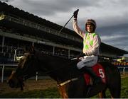 29 December 2019; Patrick Mullins celebrates on Sharjah after winning the Matheson Hurdle during Day Four of the Leopardstown Christmas Festival 2019 at Leopardstown Racecourse in Dublin. Photo by Harry Murphy/Sportsfile