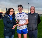 29 December 2019; Man of the match, Aaron Mulligan being presented with his trophy by Bronagh Connaughton and John Connolly following the Bank of Ireland Dr McKenna Cup Round 1 match between Monaghan and Derry at Grattan Park in Inniskeen, Monaghan. Photo by Philip Fitzpatrick/Sportsfile