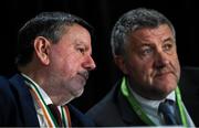 29 December 2019; FAI President Donal Conway, left, and FAI lead executive Paul Cooke during the FAI Annual General Meeting at the Citywest Hotel in Dublin. Photo by Ramsey Cardy/Sportsfile