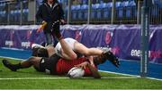 2 January 2020; Michael Ibrahim of North East Area goes over to score his side's third try despite the attempted tackles from Turlough O'Brien, left, and Taylor O'Sullivan of Metro Area during the Shane Horgan Cup Round 3 match between Metro Area and North East Area at Energia Park in Donnybrook, Dublin. Photo by David Fitzgerald/Sportsfile