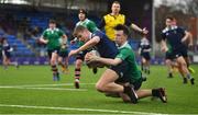 2 January 2020; Oisin Cooke of North Midlands Area goes over to score his side's first try despite the tackle from Bobby Connolly of South East Area during the Shane Horgan Cup Round 3 match between North Midlands Area and South East Area at Energia Park in Donnybrook, Dublin. Photo by David Fitzgerald/Sportsfile