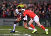 3 January 2020; Robert Baloucoune of Ulster is tackled by Keith Earls of Munster during the Guinness PRO14 Round 10 match between Ulster and Munster at Kingspan Stadium in Belfast. Photo by Harry Murphy/Sportsfile